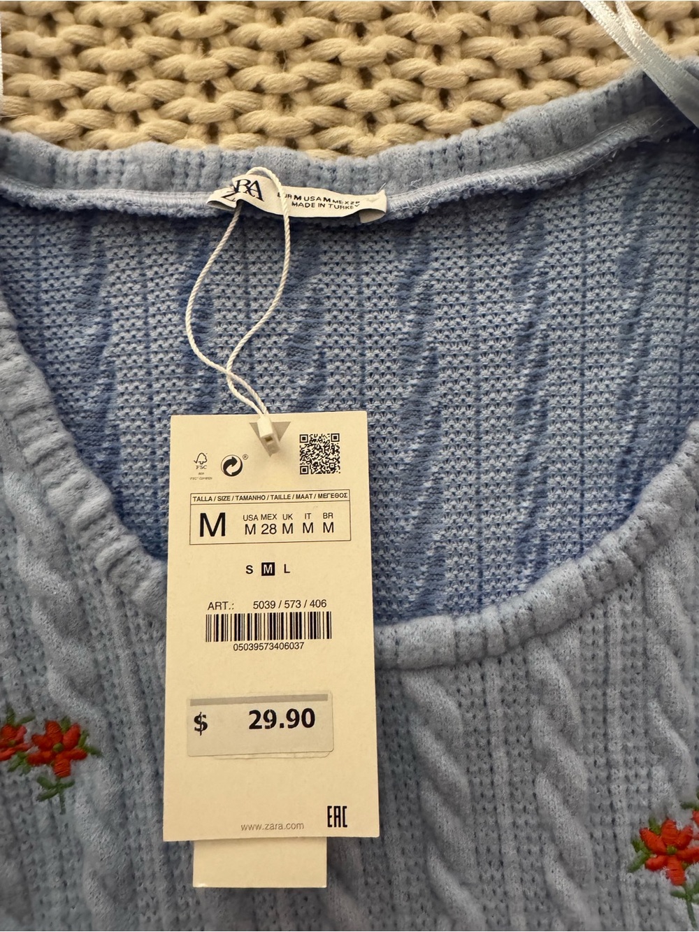 Zara Light Blue Floral Embroidered Cable-Knit Puff Sleeve Top - Picture 2 of 4